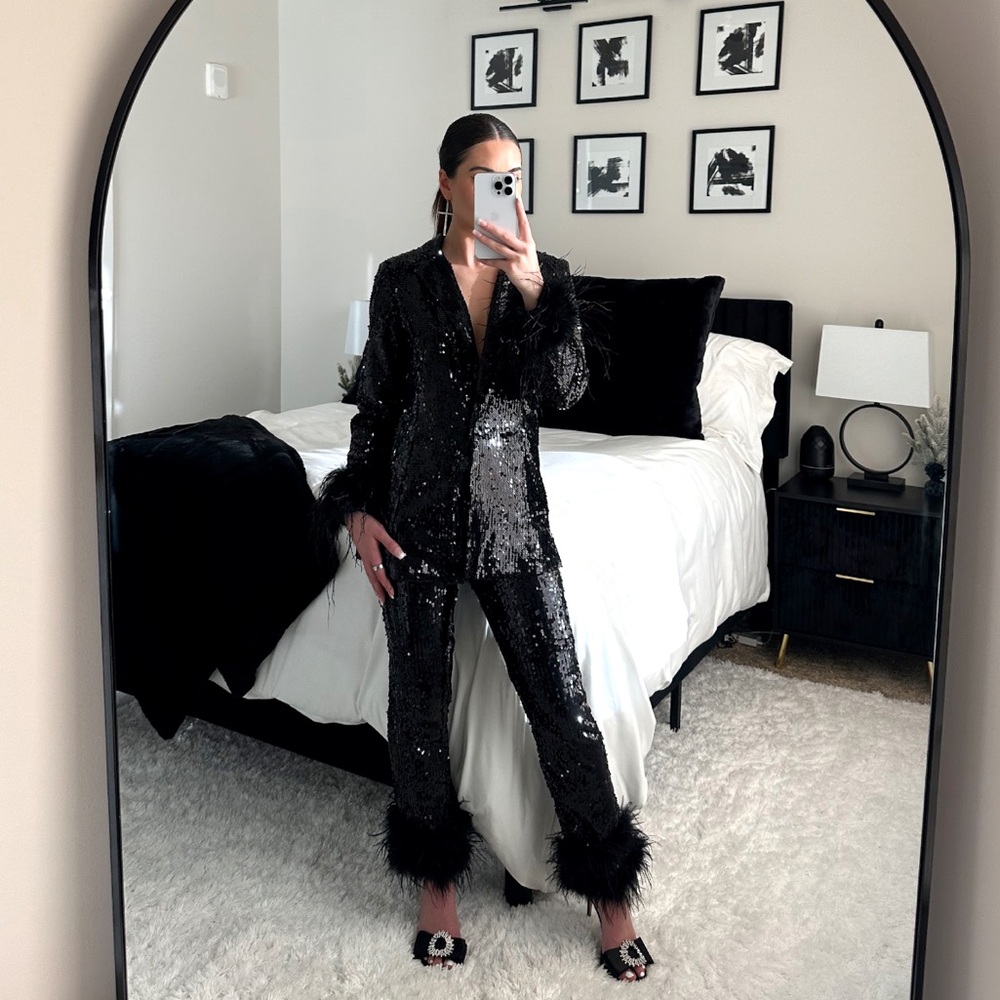 Fashion Nova Black Sequin Blazer with Feather Accents